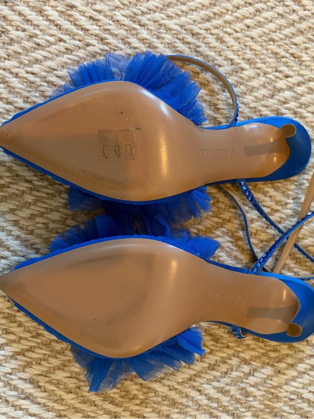 Like New! Andrea Wazen Blue Tulle Ruffle Ankle-Strap Stiletto Heels | Size 36.5